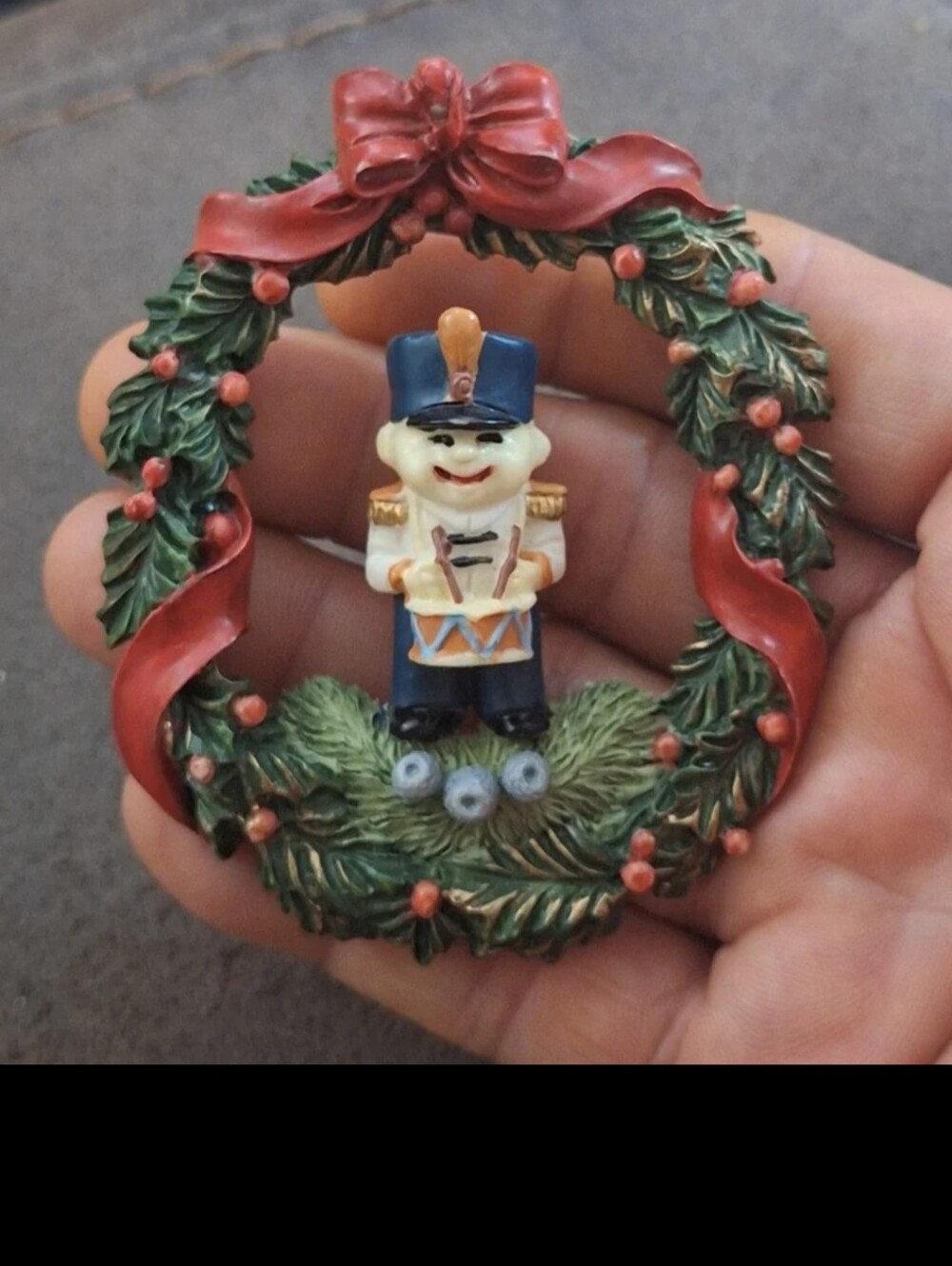 Colorful Vintage 80s Handpainted Nutcracker Figure With Christmas Wreath Brooch